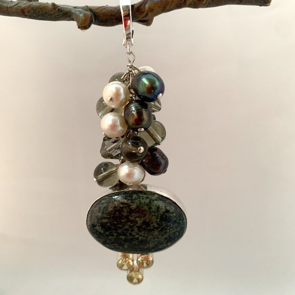 Pearl Dangle Pendant with Swarovski Crystals, Jasper Gemstone - Sterling Silver